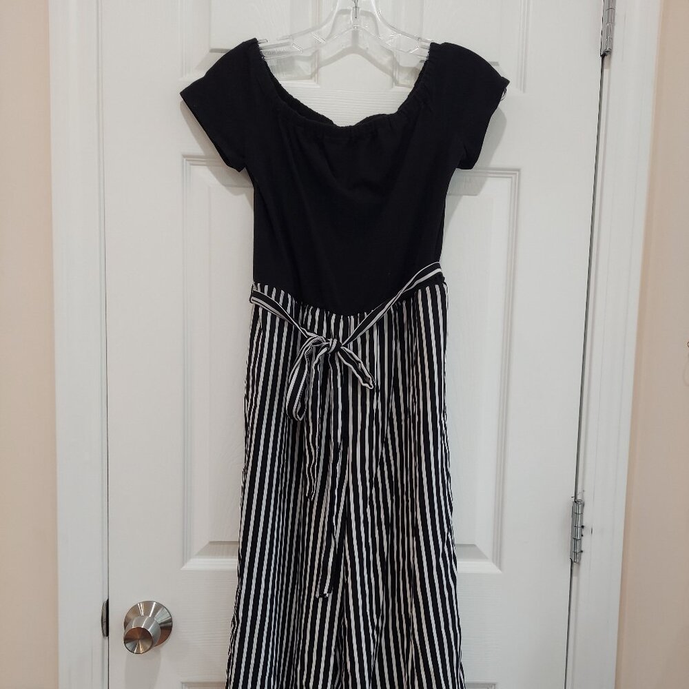 Maison Jules Black and White Off the Shoulder Wide Leg Striped Jumpsuit Small